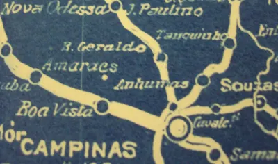 Trecho do mapa de viação férrea de São Paulo de 1915, com B. Geraldo entre Campinas e Nova Odessa.