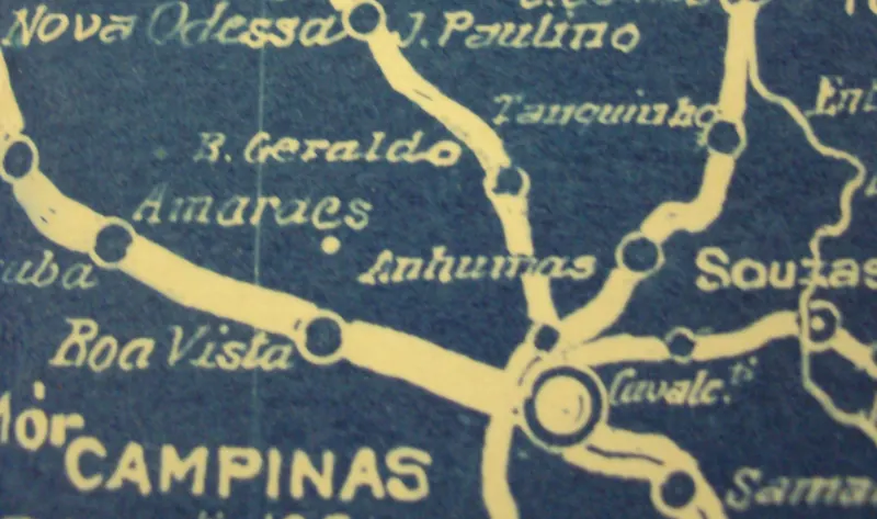 Trecho do mapa de viação férrea de São Paulo de 1915, com B. Geraldo entre Campinas e Nova Odessa.