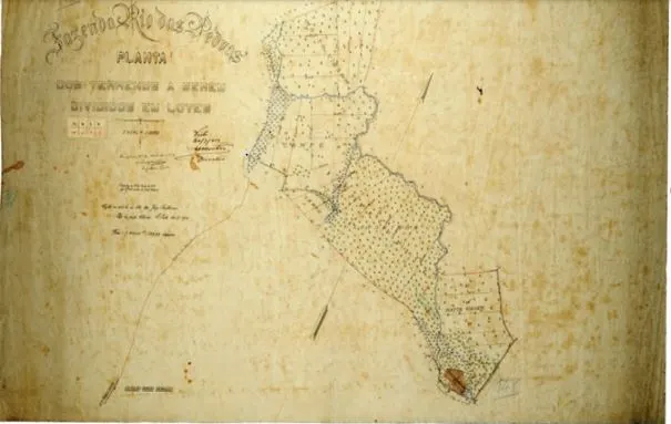 Planta dos terrenos da Fazenda Rio das Pedras a serem divididos em lotes.